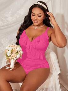 Swim Lushoire Plus Size Women Solid Color Minimalist Daily Wear Ruffle Trim Bodysuit - Hot Pink - View 4