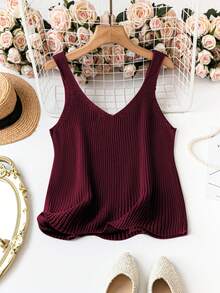 SHEIN Clasi Plus Size Women V-Neck Casual Versatile Solid Color Camisole Knitted Top - Red Violet - View 2