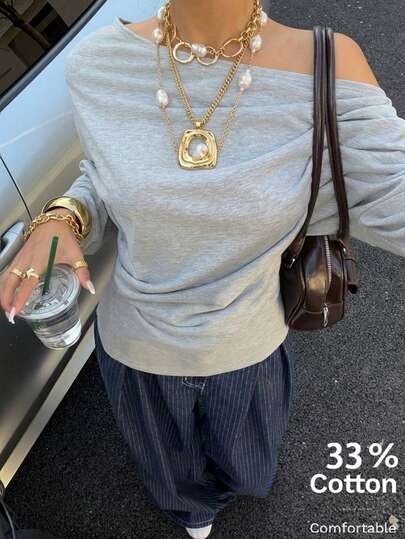 SHEIN EZwear 女士休闲不对称卫衣，33%棉，女士街头服饰，女士换季服装