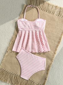 Conjunto de traje de baño de niña preadolescente con cuello de halter, textura de rayas y color rosa - Rosa - Ver 2