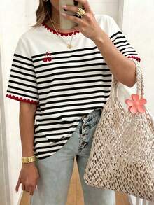 EMERY ROSE Black And White Round Neck Casual Traditional Short Sleeved T-Shirt, Plus Size Women's T-Shirt, Summer Holiday - Multicolor - View 1