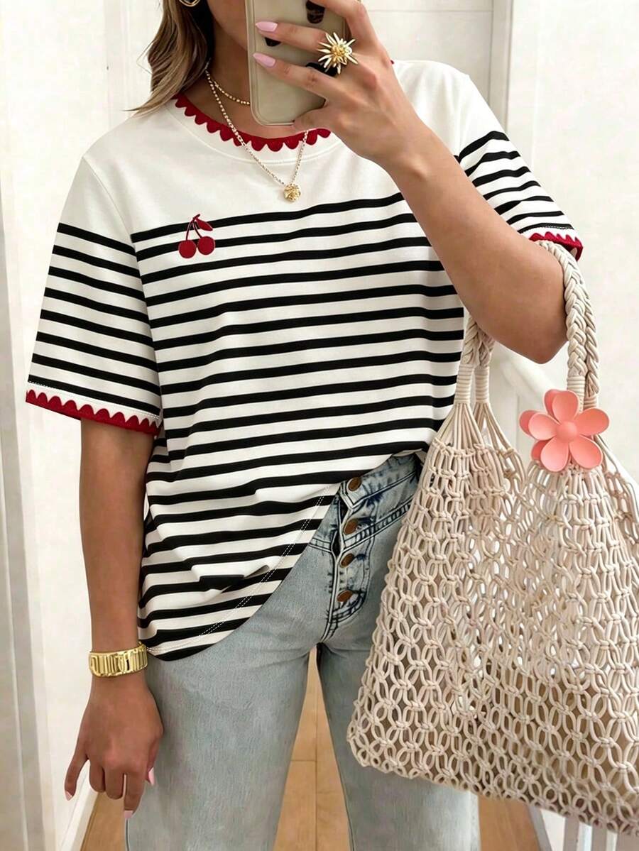 EMERY ROSE Black And White Round Neck Casual Traditional Short Sleeved T-Shirt, Plus Size Women's T-Shirt, Summer Holiday - Multicolor - View 1