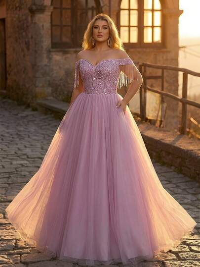 Glamrae 大码优雅奢华浪漫粉色亮片串珠刺绣网纱露肩泡泡袖流苏长裙，适合晚宴、单身派对、约会、度假、舞会、婚礼、正式场合。