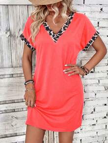 EMERY ROSE V-Ausschnitt Leopard Muster Casual Kurzarm Kleid, Sommer - Verschiedenfarbig - Übersicht 3