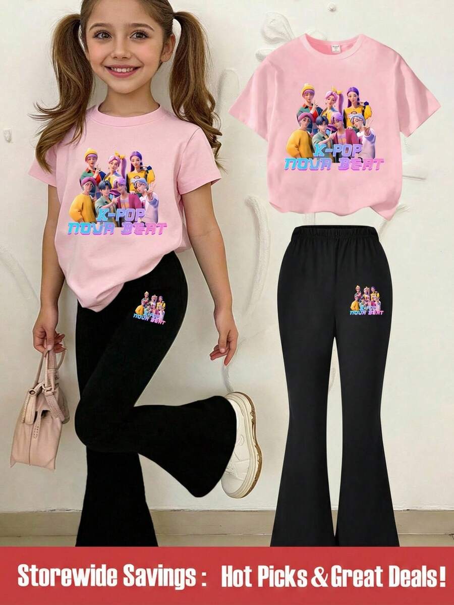 SHEIN 1 Conjunto de Niñas Jóvenes Casual Camiseta de Cuello Redondo Rosa con Estampado de Chica "K-POP NOVA BEAT" y Pantalones Acampanados, Adecuado para Salidas Casuales de Niñas y Atuendo a Juego - Multicolor - Ver 1