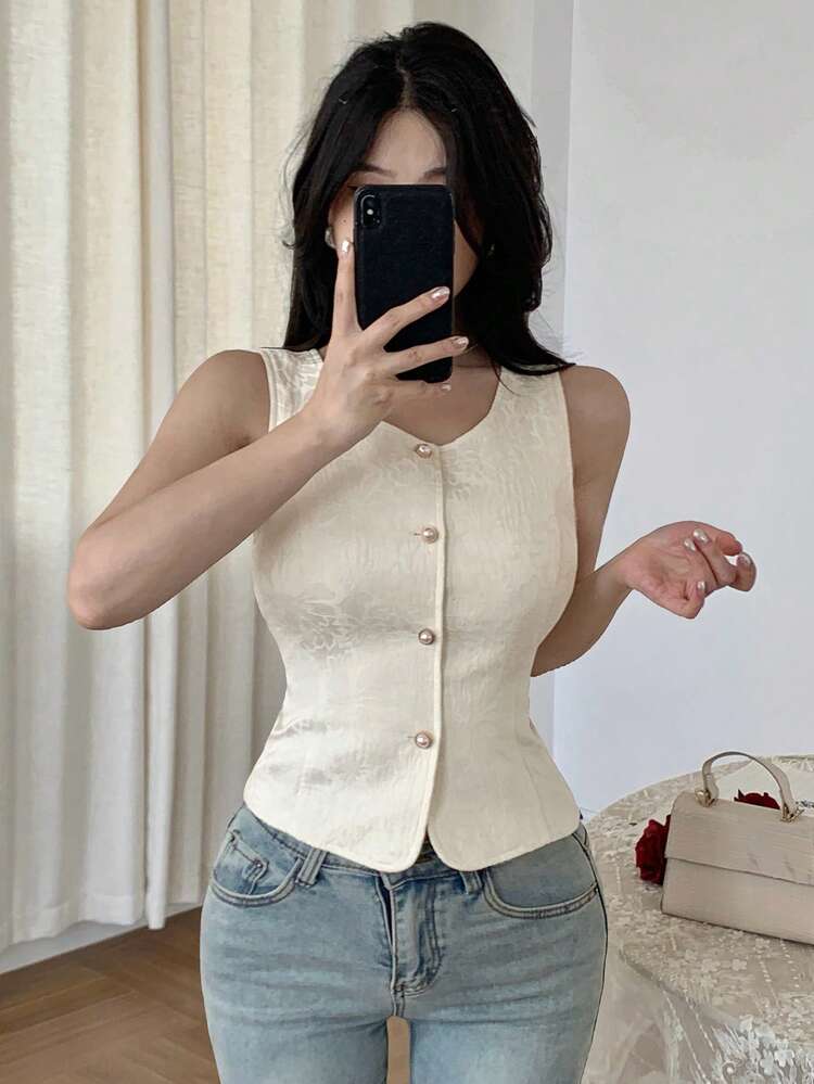 Women's Textured Waist-Cinching Sleeveless Vest, Casual Lightweight Commute Luxury Feel, Spring & Summer