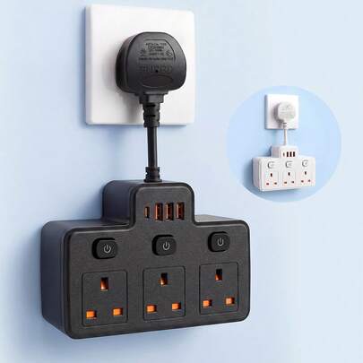 Teckwe 7-In-1 UK Plug Extension, 3 Way Multi Plug Adapter With 4 USB Ports, Independent Switches, Wall Socket Extender For Home Office Travel