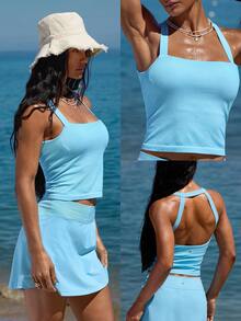 Ultrafine Soft Seamless Soak Up The Sun Square Neck Open Back Removable Cups Tank Top Training Running Workout Gym Fitness Active Wear - Breezy Blue - View 7