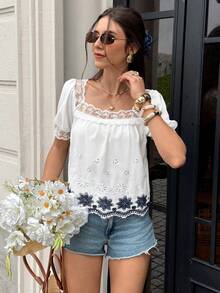 Serisse Women's Contrast Color Square Collar Short Sleeve Lace Patchwork Embroidered Floral Blouse, Summer,Summer Top - Baby Blue - View 5