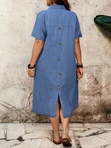 EMERY ROSE Mature Denim Women's Plus Size Dusky Blue Denim Shirt Dress,Summer Casual Vacation Collared Batwing Sleeve Half-Button Back Slit A-Line Loose Dress With Pockets - Blue - View 2