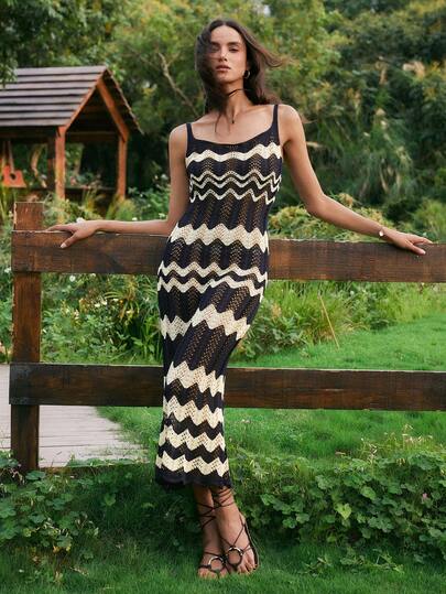 Gaivellea 女士度假休闲条纹镂空针织长裙