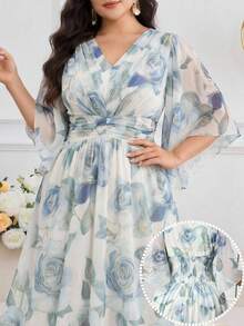 Modelyn Vestido elegante de mujer talla grande con estampado floral, cintura fruncida y mangas con volantes - Multicolor - Ver 1