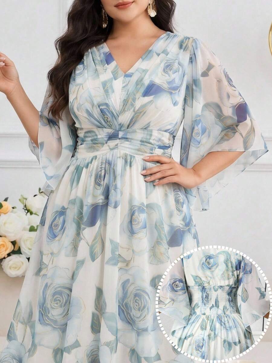 Modelyn Vestido elegante de mujer talla grande con estampado floral, cintura fruncida y mangas con volantes - Multicolor - Ver 1