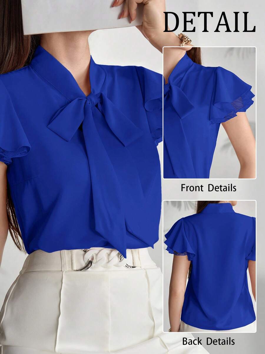 Modelyn Blus Wanita Warna Polos dengan Kerah Ikat dan Lengan Berumbai, Elegan dan Modis, Warna Biru