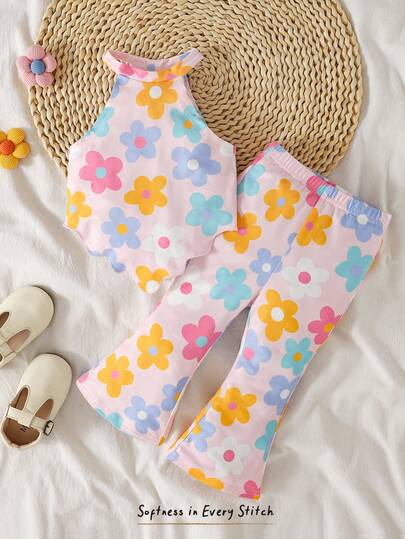 Cozy Pixies Baby Girl Summer Casual Cute & Soft Pink Floral Knit Halter Top And Flare Pants 2 Pieces Set