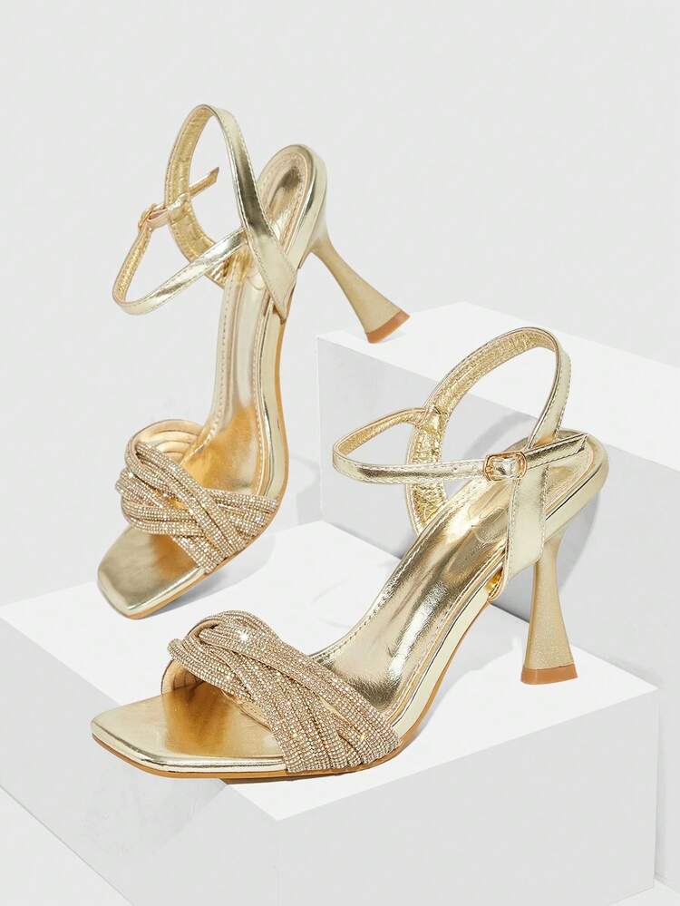 CUCCOO SZL Women Shoes Spring And Summer New Rhinestone Woven Design Square Toe Thin Heel High Heel Sandals, Luxury Sparkling Metal Gold, Dinner Party Date Summer Wear Summer Shoes