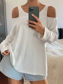 DAZY Camiseta de manga larga de unicolor y estilo minimalista para mujer, para uso casual diario - Blanco - Ver 5