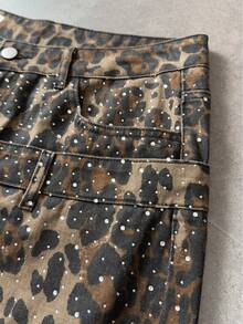 ROMWE MEN Street Life Men's Rhinestone Embellished Leopard Print Denim Shorts - Multicolor - View 6