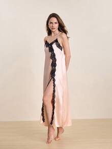Hourtrue 1 pieza Camisón de mujer de seda de hielo con tirantes finos, ropa de dormir sexy con ribete de encaje de seda sintética, primavera/verano - Champán - Ver 8