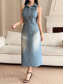 DAZY Women's Casual Washed Pleated Pocket Sleeveless Denim Dress, Summer - Medium Wash - View 4