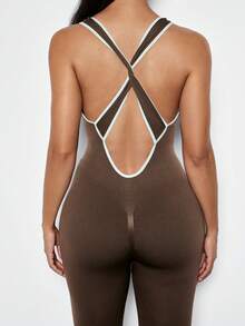 Voyena 1 Stück feuchtigkeitsableitende Basic Frauen Große Größen Sport Kontrast Saum Tiefer V-Ausschnitt Jumpsuit / A-2015 nahtloser Jumpsuit Hose, geeignet für Fitness/Yoga (Braun) - Braun - Übersicht 9