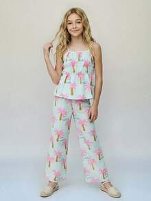 SHEIN Casuvi Kids 女童条纹蝴蝶结吊带背心和直筒裤夏季度假装 - 彩色 - 查看 1