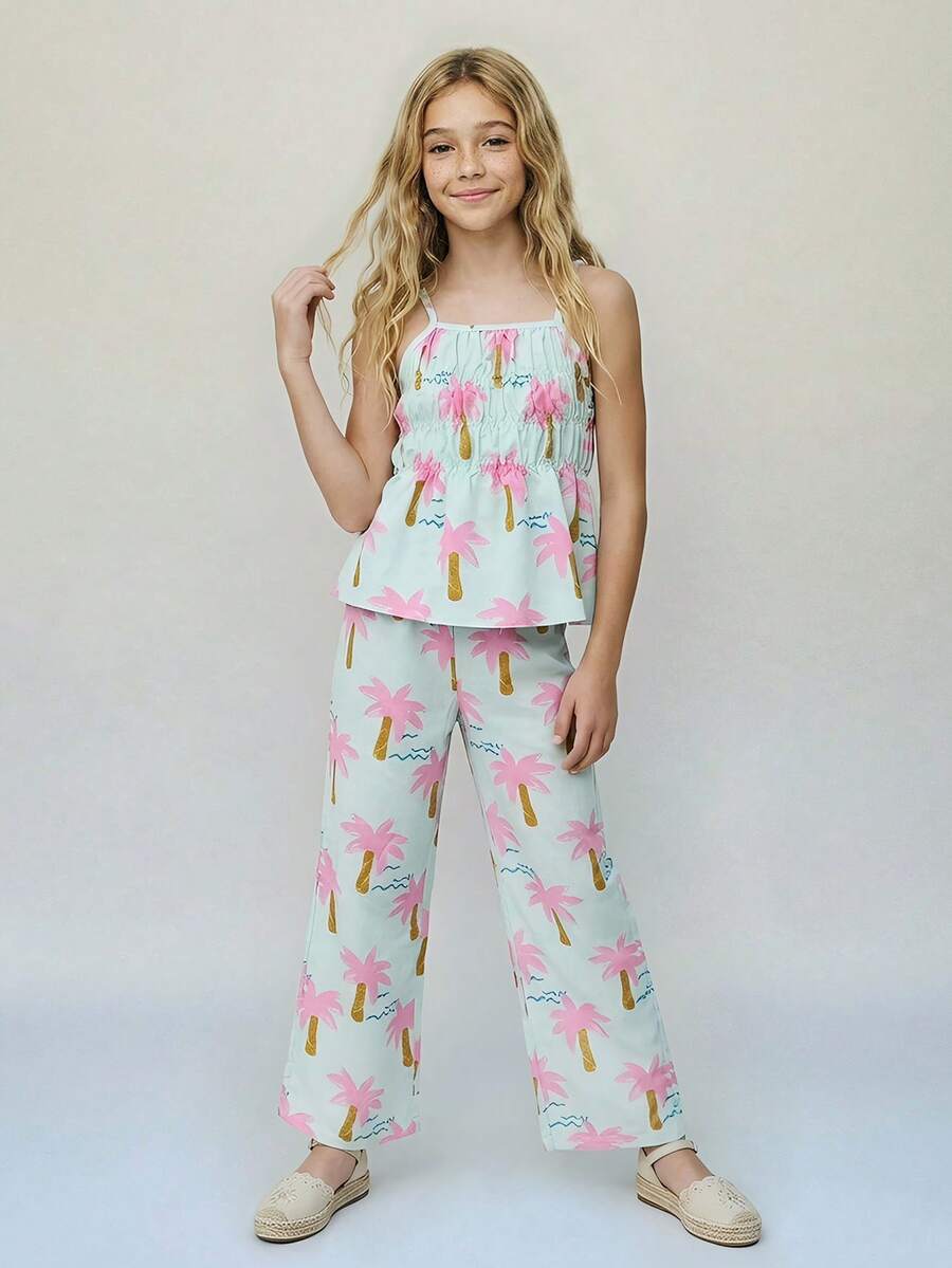 SHEIN Casuvi Kids 女童条纹蝴蝶结吊带背心和直筒裤夏季度假装 - 彩色 - 查看 1