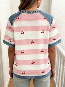 EMERY ROSE Camiseta casual versátil de mujer con cuello redondo, manga corta y diseño de rayas y patchwork - Multicolor - Ver 2
