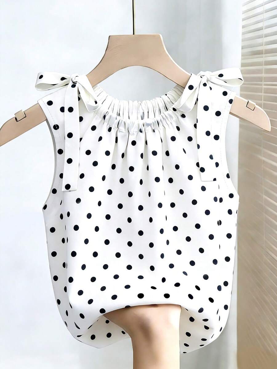 SHEIN Franclia 女士休闲时尚简约百搭宽松波点吊带蝴蝶结衬衫，夏季 - 白色 - 查看 1