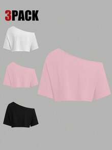 Lyrianda Conjunto de 3 piezas de camiseta corta con hombros asimétricos en negro, blanco y gris para tallas grandes de verano - Multicolor - Ver 2