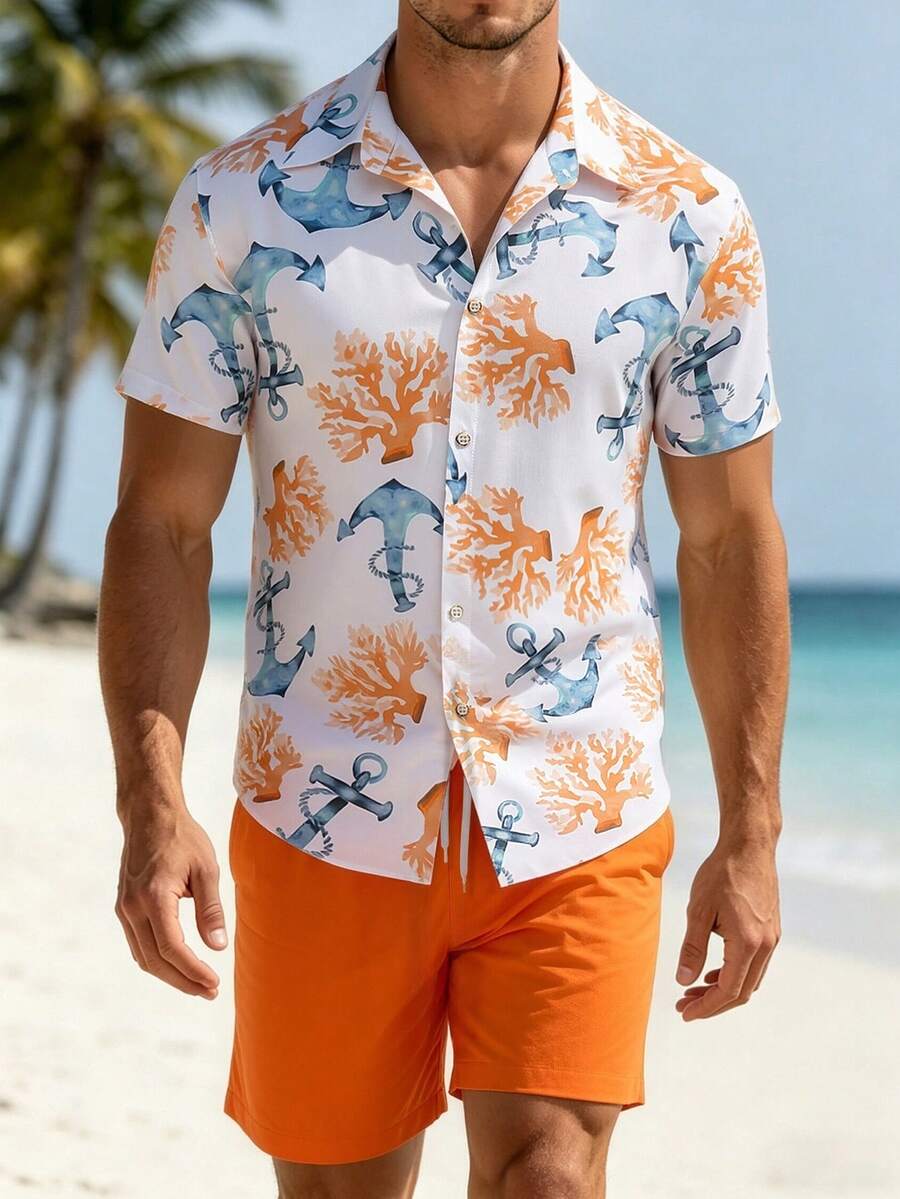 Manfinity RSRT 2pcs Men's Anchor & Coral Casual Leisure Vacation Short Sleeve Shirt And Shorts Set - Multicolor - View 1