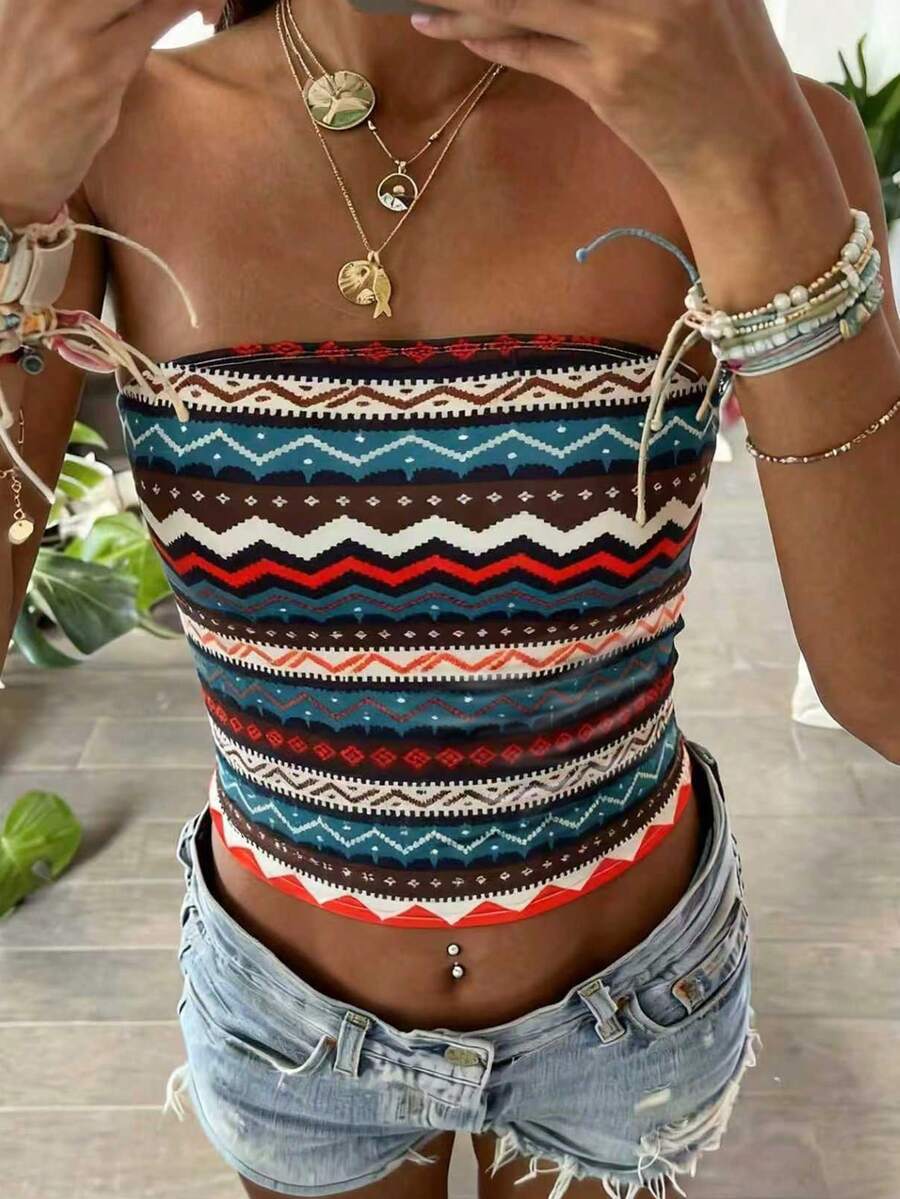 INAWLY Top casual de mujer con bandeau a rayas - Multicolor - Ver 1