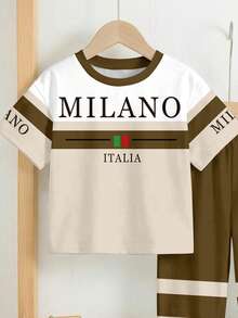 SHEIN Young Boy Casual Loose Sports Style Round Neck Short Sleeve Pants 2-Piece Set,Classic Italian Milano Text Striped Pattern Print,Summer Back-To-School - Multicolor - View 4