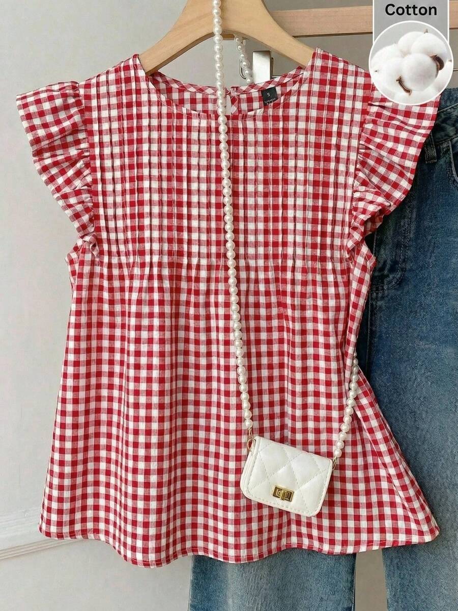 SHEIN EZwear 女士格子圆领褶裥休闲百搭日常衬衫 - 紅白色 - 查看 1