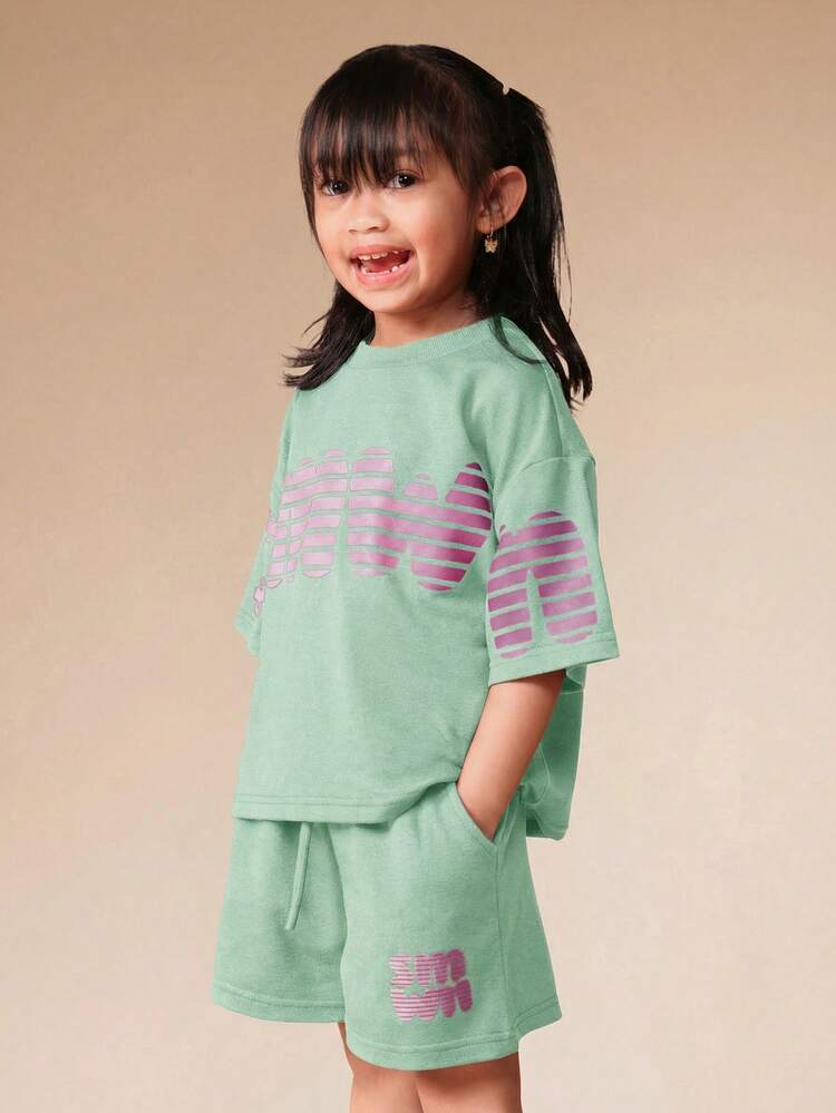 Green Short Sleeve T-Shirt And Shorts Co-Ord Set With Pink Striped Logo Print Summer Casual Wear