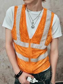 ROMWE MEN Street Life Men's Contrast Color Lace Patchwork Front Zipper Vest - Multicolor - View 8