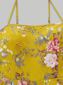 Franclia 大码女式印花两件套，雪纺衬衫外套搭配荷叶边短裙，优雅百搭，适合春、夏、秋季穿着。 - 黃色 - 查看 4