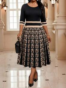 SHEIN Lady CURVE Plus Size Round Neck Raglan Sleeve Vintage Elegant Summer Dress Evening Black - Multicolor - View 4