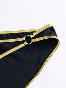 SHEIN Swim SXY 新款女士纯色撞色金色饰边两件式吊带露背系带连体泳衣搭配性感戒指装饰迷你裙，沙滩度假泳装套装 - 黑色 - 查看 6