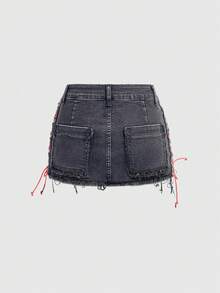 ROMWE Grunge Punk 运动风英国国旗贴片撞色抽绳设计超低腰牛仔紧身迷你裙 - 灰色 - 查看 3