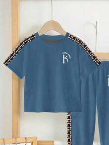 SHEIN 男童休闲宽松舒适运动风圆领短袖上衣+裤子两件套，秋季新品 - 彩色 - 查看 4