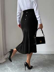 Elenzga Falda plisada elegante y ajustada para mujer de talla grande, primavera/verano - Negro - Ver 5