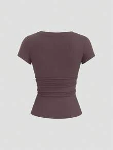 Sweetra Streetwear Women's Half-Open Eyelet Lace Trim Solid Color Short Sleeve T-Shirt - Brown - View 2