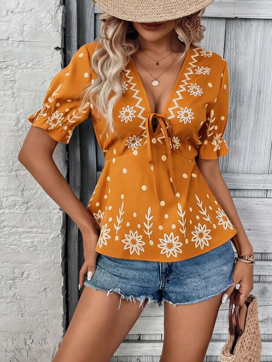 Hotletica Áo kiểu nữ phong cách Bohemian, thêu họa tiết, buộc dây, xếp nếp, thích hợp cho kỳ nghỉ. - trái cam - Xem 1