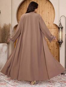 SHEIN Najma Plus Size Women's Contrast Lace Long Sleeve Single-Breasted Abaya - Coffee Brown - View 3