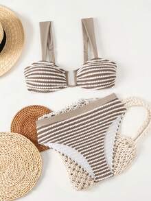 Swim Chiccia Women's Summer Vacation Casual Beach Wear Striped Pattern Bikini Two Pieces Swimwear Set, Adjustable Shoulder Straps, Textured Fabric - Khaki - View 4