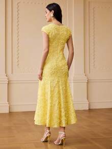 ZEYLAH V-Neck Floral Embroidered Fitted A-Line Dress, Spring/Summer Dinner Yellow Elegant Modest - Yellow - View 3