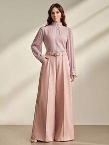 Anewsta Elegant & Charming Spring/Summer New Arrival Pink Fashion Stand Collar Loose Versatile Embroidered Ruffle Trim Long Sleeve Blouse For Women - Pink - View 4
