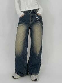 DAZY Jeans larges et amples pour femmes, style western cowgirl, lavage délavé, décoration de strass, tenue de rue décontractée, printemps/été - Bleu azur - Voir 5