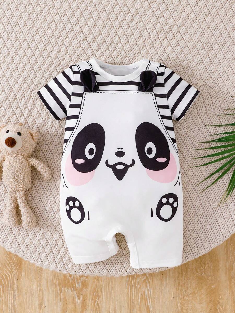 SHEIN Playful Pals 男宝宝可爱恐龙印花柔软舒适连体衣，适合日常穿着和节日礼物 - 黑與白 - 查看 1
